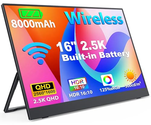 MAGICRAVEN Wireless Portable Monitor 8000mAh Battery, 16 2.5K Laptop Screen Extender FHD 1080P Portable Screen with Speakers/VESA, Second Screen for Laptop/PC/Phone/Games, Support AirPlay/Miracast