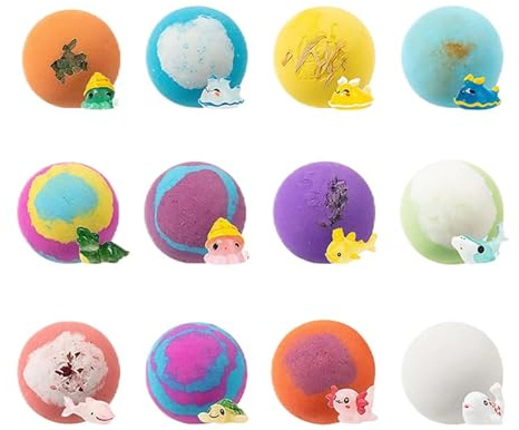 Bath Balls - Surprise Toy Fizzy, 12 Piece Organic Bubble Set with Hidden Collectibles, Moisturizing Skin Soother, Colorful Aromatherapy Spa, Scented Bathing Treat for Kids and Family Spa Night