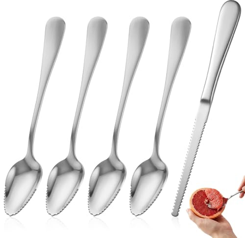 Rahhlzs 5-delat set rostfritt stål 4-grapefruktsked och 1 grapefruktkniv, kiwi-sked med tandade kanter, grapefruktsked, kivilsked, diskmaskinssäker (silver)