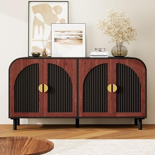 Hmluxury Retro Sideboard Mit Gewölbten Fronten, 150 cm Anrichte Aus MDF, 4 Türen, Verstellbare Einlegeböden, Soft-Close-Scharniere Für Esszimmer & Flur