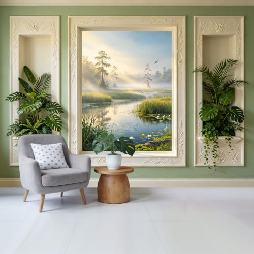 Wandbild in individueller Größe, neblige Seenlandschaft mit Zypressen und Seerosen, abnehmbarer, selbstklebender Stoff, Heimdekoration für Wohnzimmer, Schlafzimmer, Badezimmer