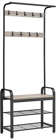 VASAGLE Garderobenständer, Garderobe, mit Schuhbank, 4-in-1 Design, 9 abnehmbare Haken, Kleiderstange, Eingangsbereich, Flur, 33,7 x 72 x 183 cm, Industrie-Design, Greige-schwarz HSR40MB