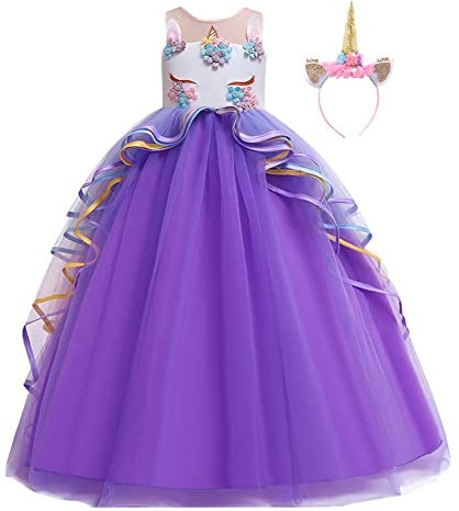 FMYFWY Costume Carnevale Unicorno Principessa Ragazze Compleanno Cerimonia Arcobaleno Lungo Maxi Tulle Vestito Senza Maniche Natale Halloween Cosplay Festa Abiti con Cerchietto Unicorno Viola 10-11
