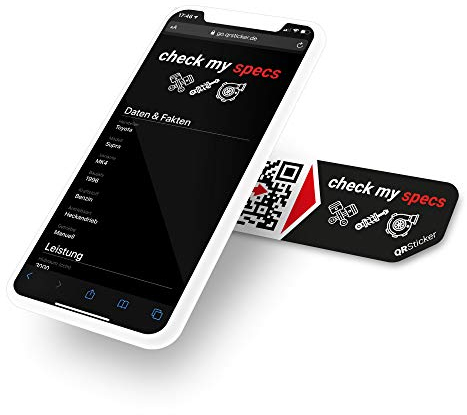 QRSticker „check my specs“ Aufkleber für Fahrzeuge, ideal für Messen oder Events, mit Smartphone App, alle verbauten Teile direkt per QR-Code abrufbar (XS, 16 Sticker)