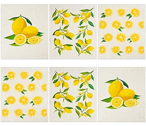 Boao Set of 6 Lemon Swedish Dishcloths Cleaning Cloths Absorbent Cellulose Cloth No Odor Reusable Dish Towel for Kitchen, Hand, Counter Wipes