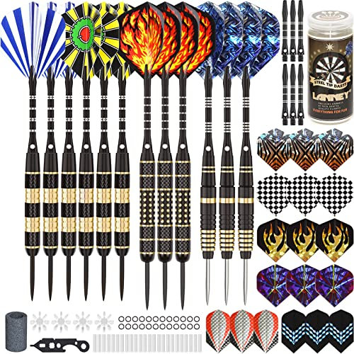 LANNEY Darts Metal Tip, Steel Tip Darts Set 20, 24, 26 Grams Professional Dart for Dartboard with Aluminum Shafts, Brass Barrels, Extra Flights, Sharpener Tool Kit, Carrying Case