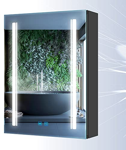Tokvon® Rivulet BLACK bathroom mirror cabinet Wall Mount Aluminum Double-sided LED mirror door & shaver socket 3 adjustable color temperature & demister 500 x 700mm