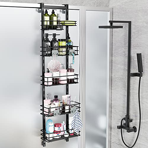 Orimade Duschregal über der Tür, verstellbar, rostfrei, mit Haken, Shampoo-Halter, Badezimmer-Regal mit Seifenhalter, Duschkorb mit Saugnapf, extra groß, 5 Etagen (US-Patent)