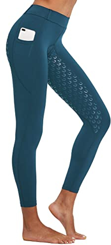 FitsT4 Sports Damen Reitleggings Silikon Vollbesatz Reithose mit Handytasche und Gürtelschlaufen,Navy Blau,Gr.M