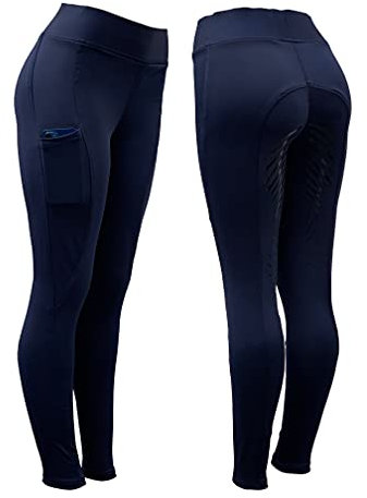Reithose, Reithose, Damen, Silikon-Griff mit Handytaschen, Reiten/Fitnessstudio/Yoga, Leggings, Reithose, Pferd, navy, 38 W
