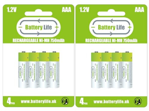 Battery Life AAA Rechargeable Batteries (8 pack) 750mAh Ni-MH 1.2v Household UK Brand