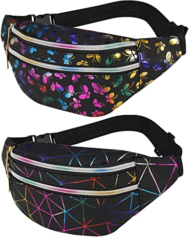 FANTESI Glänzende Gürteltasche, holografische Bauchtasche, Doppelreißverschluss, Gürteltasche, Festival, Rave, Bauchtaschen, wasserdicht, Hüfttasche für Damen, Damen, Mädchen, Wandern, 2 Stück