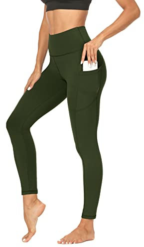 DDOBB Sport Leggings Damen High Waist Mit Taschen Bauchweg Sportleggins Gym Sporthose Leggins Blickdichte Lang Po Push Up Laufhose Yoga Hosen(Normal-Armeegrün,M)