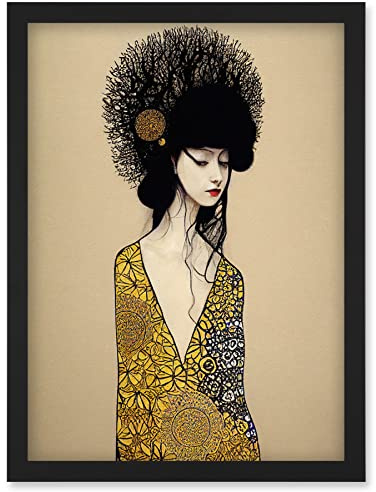 Wee Blue Coo The Goddess in Gold Black Klimt Style Robe Artwork Framed Wall Art Print A4