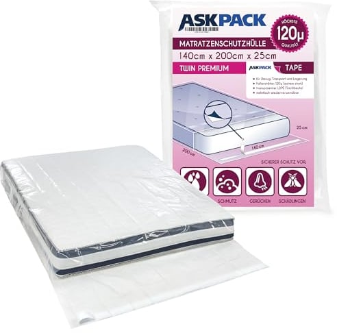ASK Pack Matratzenschutzhüllen mit Klebeverschluss - Größen von XS bis XXL, Ultra Starkes Material bis 120 Micron Reißfest, Wiederverwendbar und Wasserdicht - Ideal für Transport (140 x 200 cm)
