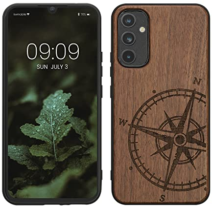 kwmobile Hülle kompatibel mit Samsung Galaxy A34 5G Hülle - Holz Case - Handy Cover - TPU Handyhülle in Dunkelbraun Kompass Vintage