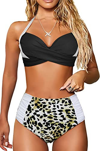 JFAN Costume da Bagno Donna Vita Alta Costumi Piscina Due Pezzi Imbottito Push Up Beachwear Reggiseno Bikini Donna Mare,Nero + Leopardato L