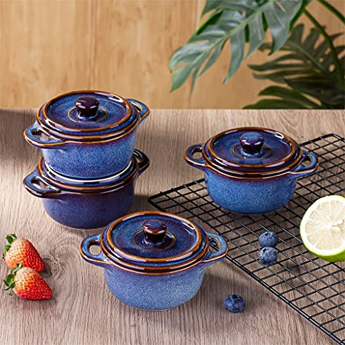 Sudemota Assiette de Diner Ramequins de Four en Porcelaine céramique 4 pièces avec Couvercle, Plat à soufflé émaillé orchidée 7 onces Mini cocotte Ronde