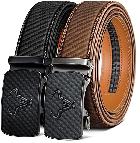 BULLIANT Gürtel Herren 2er, Gürtel Ratsche Automatikschließe Ledergürtel für Herren Verstellbar 35mm Breit mit Geschenkbox(Schwarz/Tawny-125cm/36-42 taille verstellbar)