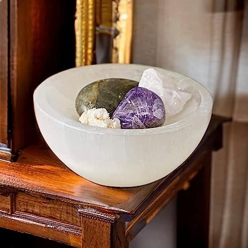 Handgeschnitzte runde Selenit-Schale Kristall-Lade Reinigungsschale Dekorative Schmuckschale Selenit-Kristall polierte Schale Heilender Edelstein Stilvolles Dekor Spirituelles Geschenk 8cm