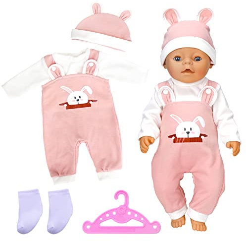 Puppenkleidung Puppenkleider Set für 14–17 Zoll Baby Puppen mit Hüte T-Shirts Latzhosen Socken Kleiderbügel Puppenzubehör für 36-43 cm Baby Puppen Ostern (Keine Puppe) Rosa