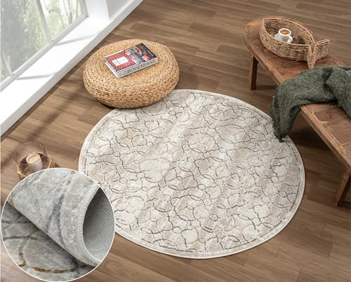 MY-RUG Teppich Nikolai rund Creme 120 x 120 cm Runder Esszimmerteppich in kurzflor, Badezimmerteppich in Beige Grau meliert für das Wohnzimmer