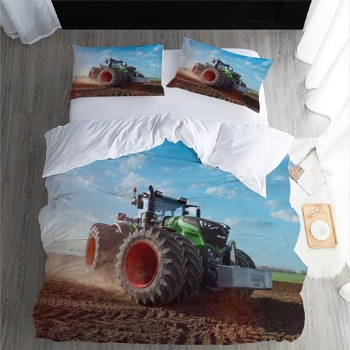 Bettwäsche 155x220cm Traktor Bettbezug Set 3 Teilig GrüNer Traktoren Einzelbett Bettbezug 3D Motiv Luxus Modern Weiche Microfaser Mit Reißverschluss und 2 Kissenbezug 80x80cm