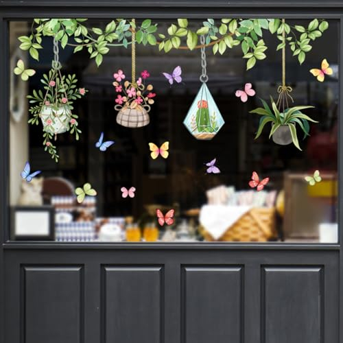 Runtoo Fensteraufkleber Blumen Frühling Topfpflanze Fenster Abziehbilder Hängende Pflanzen Blätter Fensterfolie Glas Fensterdeko Aufkleber