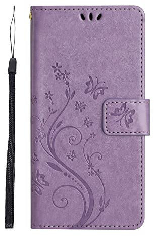 Skyhewen for Samsung Galaxy A15 Case, Shockproof Wallet Card Holder PU Leather Floral Butterfly Embossed Silicone Bumper Case Flip Magnetic Stand Cover Case for Samsung Galaxy A15, Light Purple