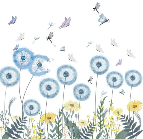 Zfseyuh 2 Pezzi Adesivi Murali Fiori Blu Adesivi da Parete Dente di Leone Farfalle Floreali Decorazione Murale Cameretta de Bambini Camera da Letto Soggiorno Dormitorio