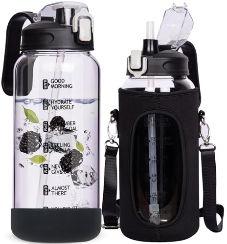DEARRAY 1.5l Botella Agua Cristal Deportiva con Pajita 1.5 litros Grande Botella Gimnasio Vidrio con Marcador de Tiempo & Bolsa de Neopreno Reutilizable Jarra Agua Cristal
