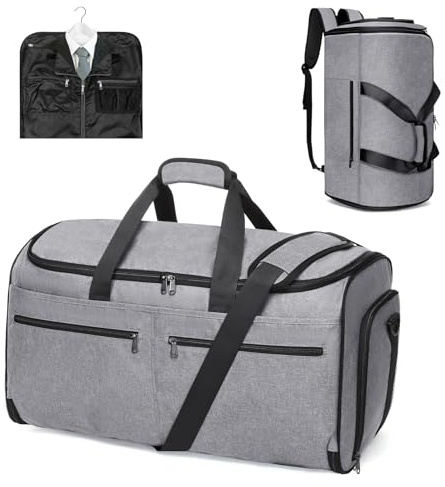 Bukere Kleidersack für Reisen, wandelbare Reisetasche mit Schuhfach, abnehmbarem Schultergurt, 2-in-1-Wochenend-Anzugtasche für Männer und Frauen, Rucksack, Grau, 22.8 x 12.6 x 12.4 inches
