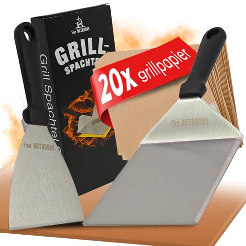 Fun OUTDOORS Edelstahl Grillspachtel Set, inkl 20x Smash-Burger Burgerpapier, Hamburger Grillwender Burgerset Fleischwender, BBQ Grill Teppanyaki Plancha Spatula Wender Spachtel, Männer-Geschenk