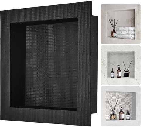 VEVOR Nicchia per doccia pronta per piastrelle 40,6 x 40,6 cm, organizer singolo per ripiani, angoli quadrati nicchia da incasso, protezione sigillata moderna nicchia per doccia bagno, nero