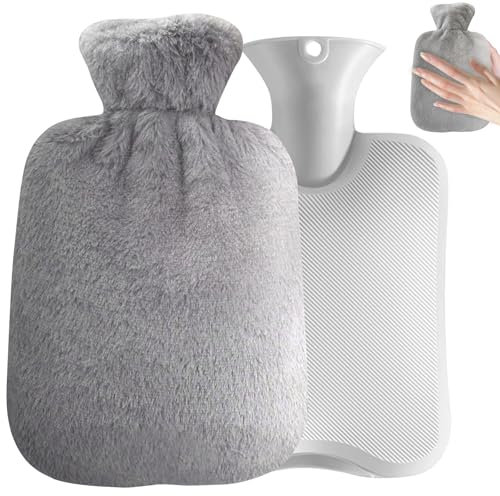 Lunriwis Wärmflasche mit weichem Bezug, 2 L Wärmbeutel Bettflasche mit Flauschiger Plüsch, Wärmflaschen zur Behandlung von Schmerzen & Fieber,Wärmflasche für Nacken und Schulter, Rücken, Beine（grau)
