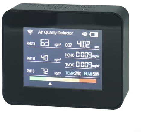 Oniissy 13-in-1 Luftqualitätsmessgerät für den Innenbereich, WiFi-Luftqualitätsmonitor für App, 1 Innenluftmesser mit Gaskonzentration, digitales LCD-Display und Alarm (schwarz)