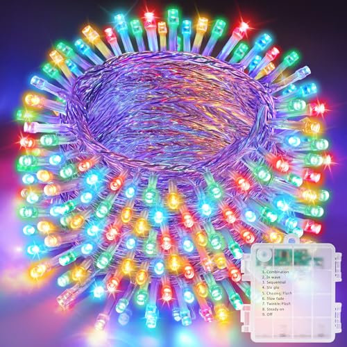 Realky Luces de Navidad con Pilas, 21M 210LED Luces de Arbol de Navidad, 8 Modos con Función de Memoria Impermeable Luz Cadena Ligera Navidad para Jardín, Balcón, Fiesta, Interior - Multicolor