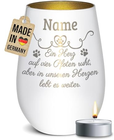 PR Print Royal Trauer Windlicht mit Gravur für Tiere - Herz auf Vier Pfoten - mit Name - Erinnerungslicht, Gedenklicht, Trauergeschenk | inkl. Teelicht, 450 ml, Weiß/Gold