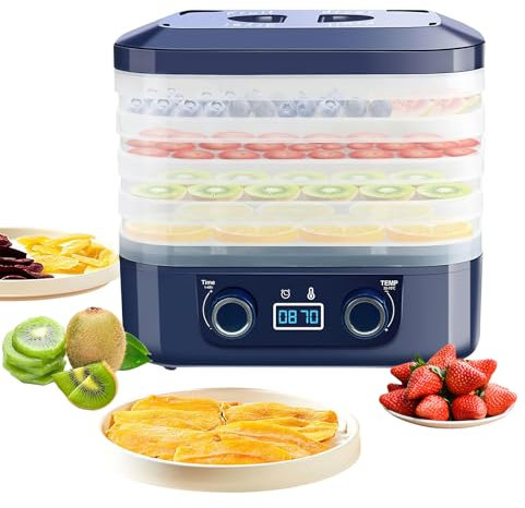 ODIKALA Déshydrateur Alimentaire, 160W, 5 Plateaux Transparents Amovibles, Température 35-70°C et Minuterie 48H, Bleu, Rectangulaire