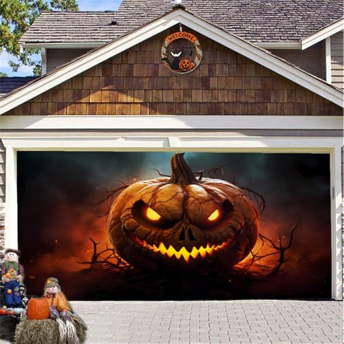 Hiseng 3D Halloween Garagentor Banner, Halloween Deko Outdoor Große Halloween Garage Dekorationen, Gruselige Halloween Banner Dekorationen für Halloween Party (210x240cm,Kürbis)