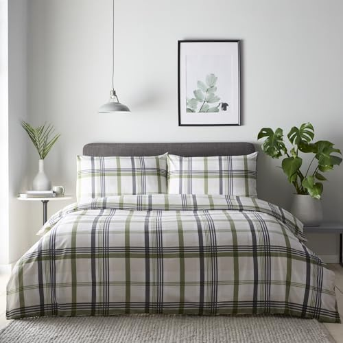 Portfolio Home Prague Checkered Check Green Super King Soft Easy Care Bed Linen Bedding Duvet Cover Quilt Set With Pillow Cases