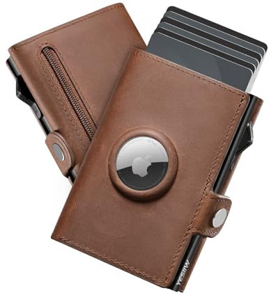 YESIIW Portmonee Herren Airtag Echtes Leder mit Große Kapazität Pop-up Airtag Geldbeutel für 12 Karten, Groß Münzfach & ID-Fenster, Geldbörse Airtag mit RFID Schutz Smart Wallet (Echtes Leder)