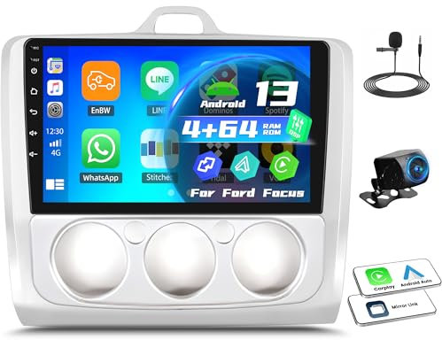 OiLiehu 4+64G Android 13 2 DIN Carplay Android Auto Autoradio para Ford Focus MK2 Exi MT 2004-2011 Pantalla Radio Coche 9 Pulgadas con Mirror Link Bluetooth GPS FM RDS WiFi EQ+Cámara Marcha Atras