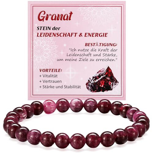 Jadive Edelstein Armband 6mm Perlenarmband für Damen Halbedelstein Elastisches Armband mit Anleitungskarte und Geschenkbox Schmuck Yoga Glücksbringer Geschenk(Granat)