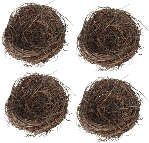 Duroecsain 4 Stück Rattan Vogelnest 10cm Künstliche Vogel Nest Dekorative für Weihnachten, Ostern, Partydekoration