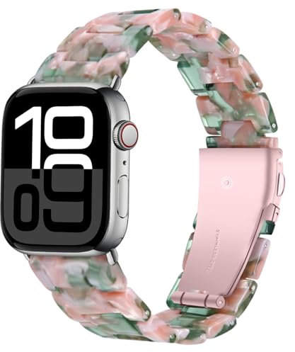Miimall Bracelet en Resine Compatible avec Apple Watch SE 40mm, Bracelet pour Apple Watch 10 42mm avec Métal Boucle en Acier Inoxydable Strap pour iWatch Series 11 42mm Band Femme, Vert Rose