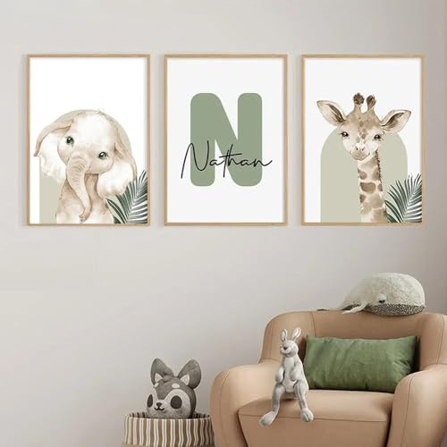 3 Affiche Animaux Savane Bebe 30x40cm Poster Personnalisé Prenom Enfant Tableau Decoration Murale Safari Toile Jungle Chambre Enfant Affiche Foret Chambre Bébé Garcon Cadeau sans Cadre