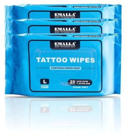 EMALLA Cleansing Green Soap Tattoo Wipes 3 pack (20-count) Alcohol-Free Plant Fiber Tattoo Aftercare Supplies for Ink Wipe, Skin Care, Tattooing