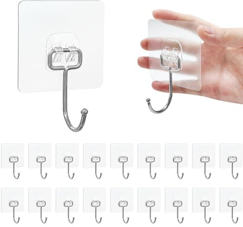 Minfuerang Ganchos Adhesivos,Ganchos Multiuso para Toallas,Ganchos Pared No Mas Clavos,Impermeable,para Baños,Cocinas,Techos,Dormitorios (20 Piezas Transparente)