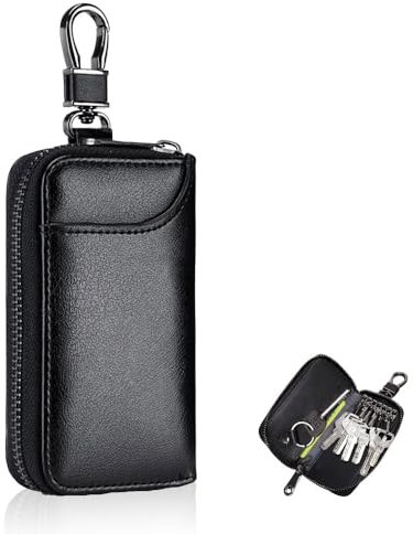 Etui Porte-Clé Cuir pour Homme et Femme, Housse de Protection clé de Voiture Multifonctionnel, Pochette Porte Cles avec 3 Compartiments Séparés et 6 Crochets à Clés, Petite Trousse à Clés (Noir)